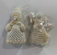 Vintage Handmade Handcrafted Crochet With Sequins Angel & Santa Ornaments - EUC picture