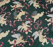 Vintage tapestry fabric, angels, cherubs, green pink, 52 by 38, heavy quality picture