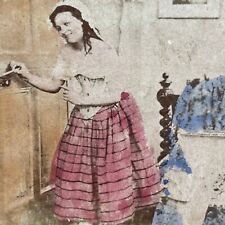 Antique 1860s Woman Gets Undressed In Bedroom Stereoview Photo Card P4094 picture