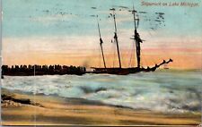 1910 Michigan MI Shipwreck On Lake Michigan Vintage Postcard L56 picture
