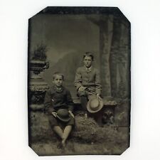Haystack Boys Holding Hats Tintype c1870 Antique 1/6 Plate Children Photo A3604 picture
