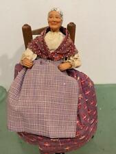 France Vtg Santon Doll Figure Seated Grandmother Terra Cotta Wood Chair 8