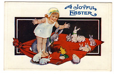 Easter Vintage Postcard Joyful Girl Rabbits Chick Hatching Red Sack 542 picture