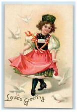 1909 Valentine Greeting Clapsaddle (?) Little Girl Dress Dove Embossed Postcard picture
