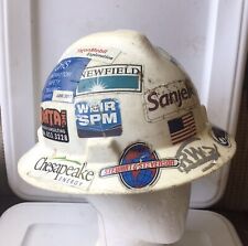 Vintage MSA full rimmed white hard hat multiple stickers Oil Rig Field Oilfield picture