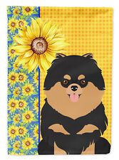 Summer Sunflowers Black Tan Pomeranian Flag Canvas House Size 28X40 Inches picture