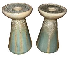 Pair of Tall Drip Glaze Studio Pottery Candle Holders Green Nice Mcm Style picture
