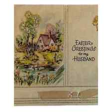 Vintage Early 1900s Happy Easter Husband Spring Cottage W Tulips And Daffodils picture