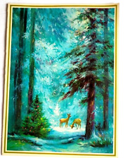 Vintage 1960s Deer In Forest By Decorated Tree Beautiful Blue Christmas Card picture