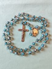 Vintage Blue Gold Swirl Faceted Art Glass Rosary Silver Plate Terra De Fatima  picture