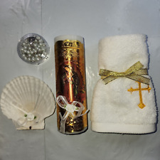 Beautiful 4 Pcs White Baptism Candle Set, White Towel, White Shell, Rosary Beads picture