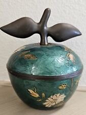 Vintage Brass and Enamel CLOISONNE Flowers Apple Bowl Trinket Decor with Lid picture
