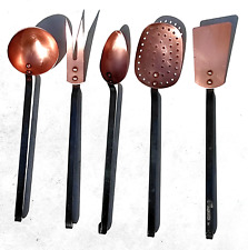 Vintage French Copper Utensil Set x5 Iron Handles Ladle Sieve Fork Spoon Spatula picture