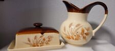 Vintage Cream & Brown Wheat Design  Ceramic Pitcher & Butter Dish Made in Japan picture