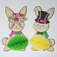 Pair of Vintage Cardboard Easter Bunny Couple Centerpieces Honeycomb Eggs 12