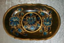Vintage Mexican Hand Carved Painted Blue Floral Wooden Folk Art Batea Bowl Tray picture