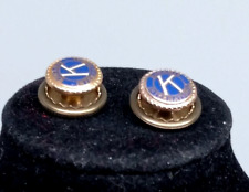 Vintage Pair Screw Cuff Links Kiwanis International Blue White Enamel on Brass picture