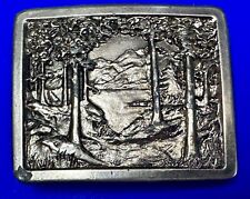 Rolling Hills Lake Nature Scene A-96 Indiana Metal Craft Vintage Belt Buckle picture