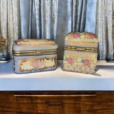 Cute Pair of Vintage Porcelain Trinket/Jewelry Boxes Gold Etching Floral picture