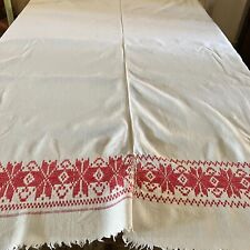 Vtg European Homespun Linen Woven Red White Reversible Tablecloth Bed Covering picture
