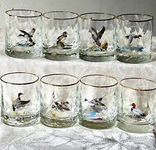 Rare Ned Smith Waterfowl Birds Vintage Low Ball Gold Rimmed Glasses Set Of 8 picture
