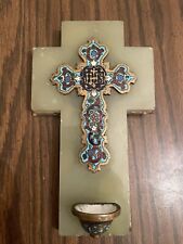 Antique French Champleve Enamel Onyx Holy Water Font Cross Crucifix picture