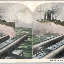 c1910s WWI Battleship Steamship Big Gun Art Illustrated Stereoview Military V34 picture