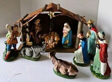 Vintage 10 Piece Nativity Scene Set Original Japan Plastic Figures Wood Stable. picture