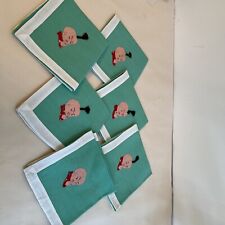 Set Of 6 Linen Napkins Chinoiserie Child Boy Ponytail MCM Vtg Turquoise picture