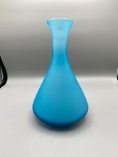 Vintage Aqua Blue Frosted Satin With Encased White Glass Vase 9” EUC  picture