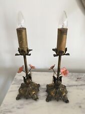 Antique Rare Pair of Table/Vanity Lights gold color with pink flowers   picture