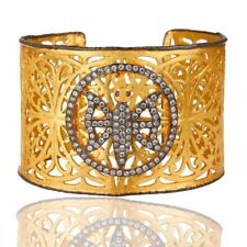 22K Yellow Gold Plated Filigree Butterfly Hammered Wide Cuff Bracelet With Cz picture