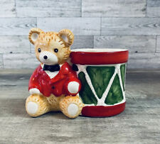 Vintage Ceramic Teddy Bear in a Bow Tie w/ Christmas Drum Votive Candle Holder picture