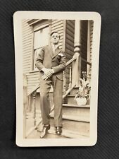 FOUND VINTAGE PHOTO PICTURE Man In A Suit Standing On Stairs picture