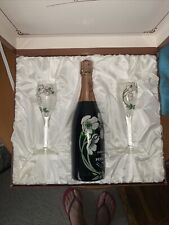 1982 PERRIER JOUET  CHAMPAGNE  SET BOTTLE & 2 HAND PAINTED GLASSES - 1 sm chip picture