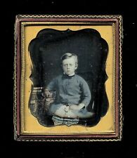 1/6 DAGUERREOTYPE ID'D BOY BY BOGARDUS TINTED BLUE SHIRT 1850s NEW YORK picture