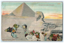 c1905 Camel and People Resting The Sphinx and Pyramid Egypt Antique Postcard picture