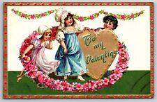 Valentine~Children With Gold Heart In Wreath Og Red Blossoms~Emboss~1911 TUCK picture