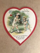 To My Valentine Card Cute Girl Up At Bat Cupid Is Catcher Antique Card picture
