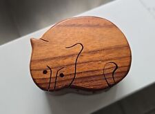 Vintage Handmade Wooden Carved Cat Puzzle Box Secret Trinket Jewelry Compartment picture