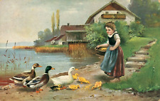 Postcard Artistic Village Girl Feeding Ducks Lake picture