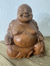 Vintage Asian Wooden Hand Carved Happy Laughing Sitting Buddha Figurine Statue picture