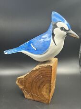 Vintage Hand Carved And Painted Blue Jay On Natural Wood Perch picture