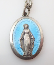 Vintage Blue Enamel Religious Miraculous Mary Medal Pendant Sterling Necklace picture