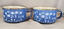 2 Vintage Unbranded Otagiri Style Blue Floral Pattern Pottery Soup Coffee Mugs picture