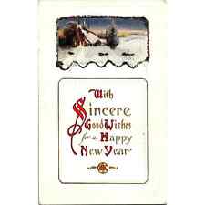 Vintage Postcard New Year With Sincere Good Wishes House, Glitter 1900's picture