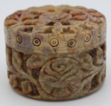 Vintage Hand Carved Soapstone Round Small Trinket Box Unique Boho picture