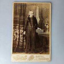 Antique 1800s Cabinet Card Girl in Dress With Books Flowers Anamosa Photography  picture