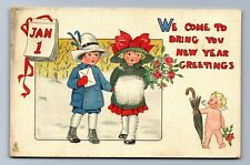 1913 CHERUB UMBRELLA ENVELOPE BOY GIRL HAND MUFFS NEW YEAR'S Postcard P13 picture