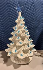 Vintage 12” Ceramic White Christmas Tree With Blue Clear Birds  & Star picture